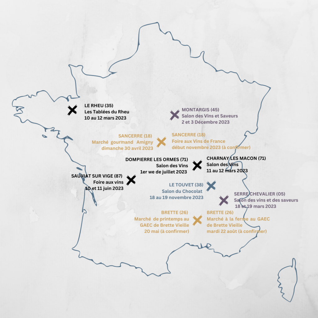 Carte de France avec les salons des vins auxquels participe le Domaine des Mutttes